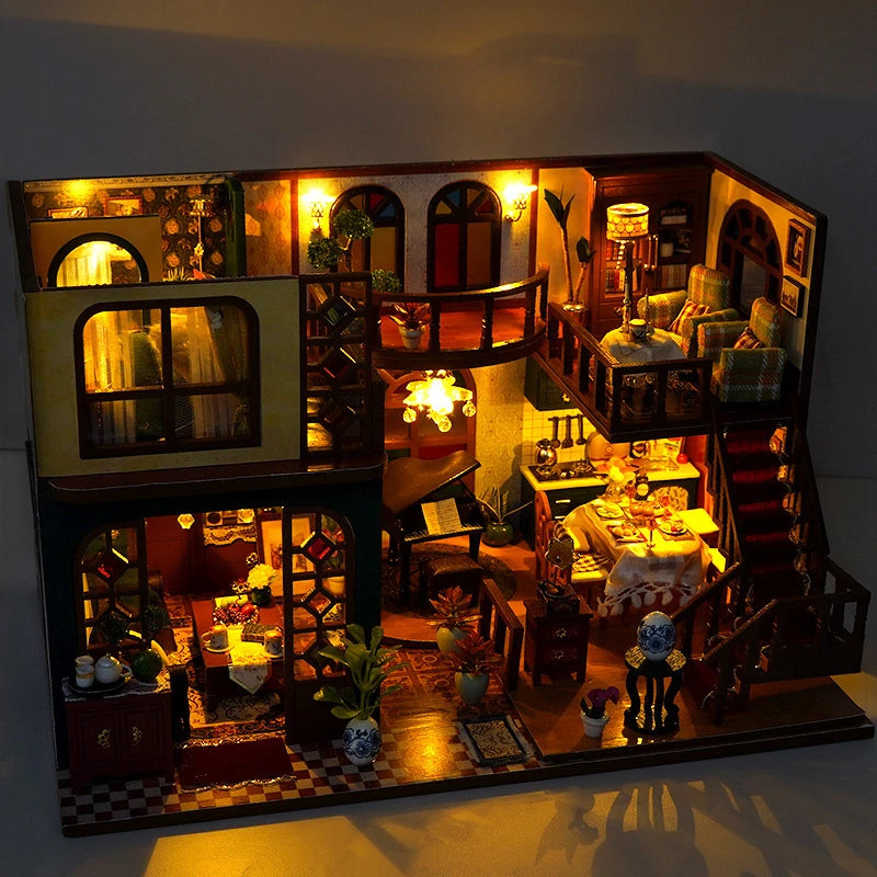 Maison Miniature en bois thème Maison Ancienne Européenne, vue Ambiance Nuit vue plongeante, éclairage LED chaleureux, décoration Nook-It.