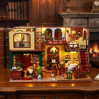Maison Miniature en bois thème Maison Ancienne Européenne, vue Face, éclairage LED chaleureux, décoration Nook-It.