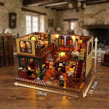 Maison Miniature en bois thème Maison Ancienne Européenne, vue avec Dimensions, éclairage LED chaleureux, décoration Nook
