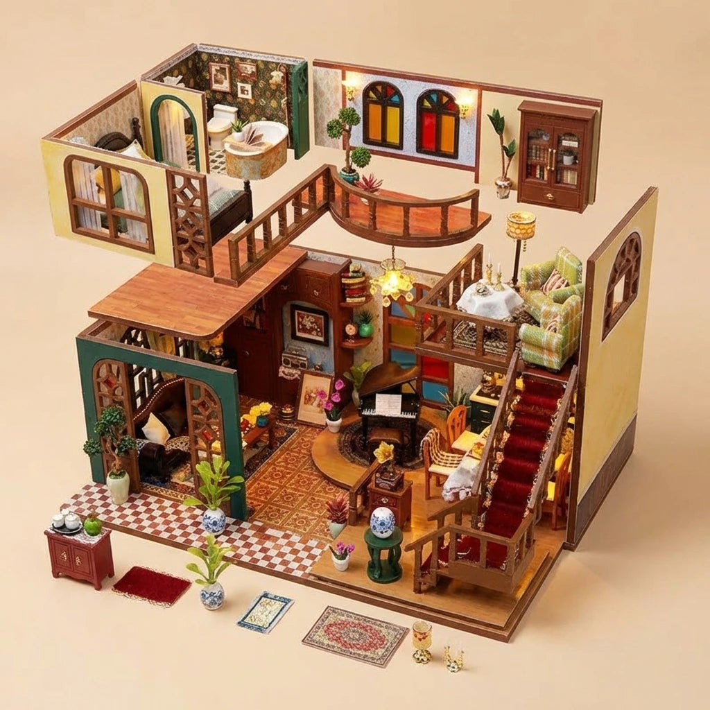 Maison Miniature en bois thème Maison Ancienne Européenne, vue Éclatée, éclairage LED chaleureux, décoration Nook-It.