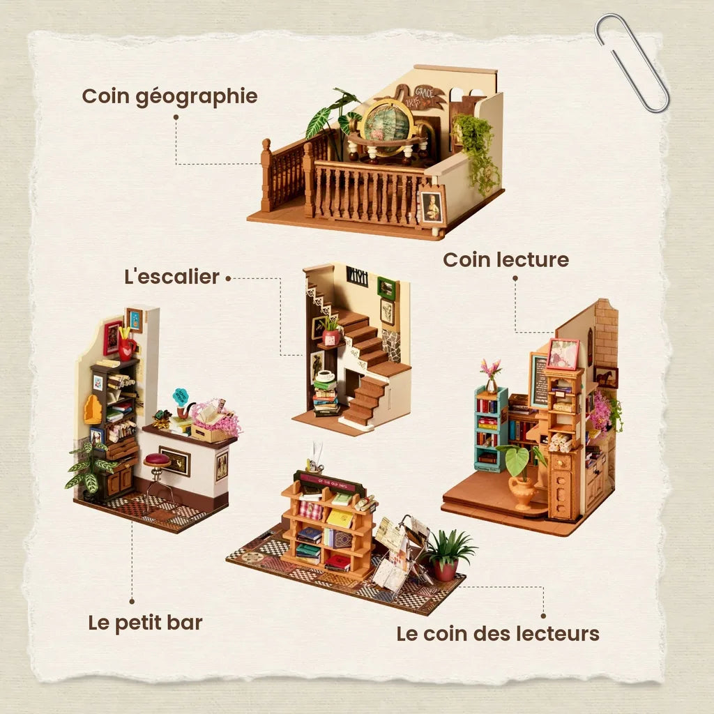 Les cinq modules de la maison miniature Pagestory Books, légendés en français