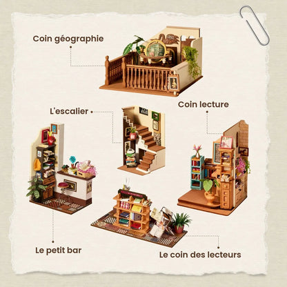 Les cinq modules de la maison miniature Pagestory Books, légendés en français