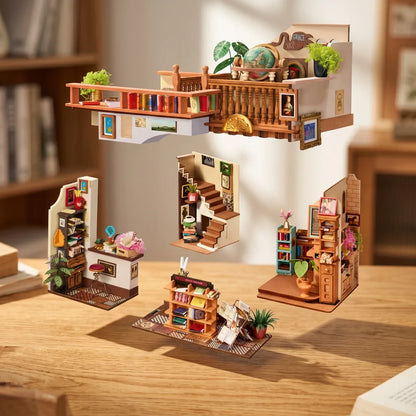 Vue éclatée de la maison miniature Pagestory Books en cinq modules