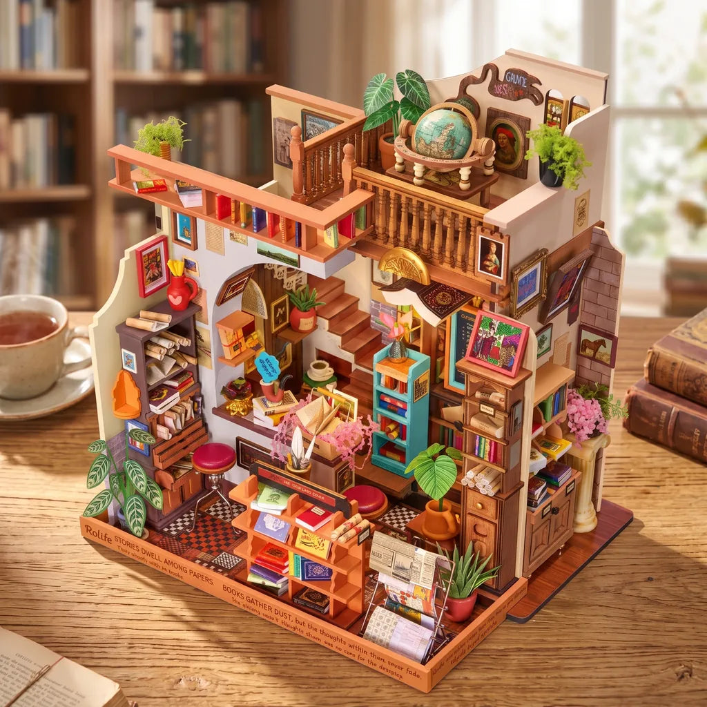 Maison miniature Pagestory Books vue en plongée sur le balcon et le damier