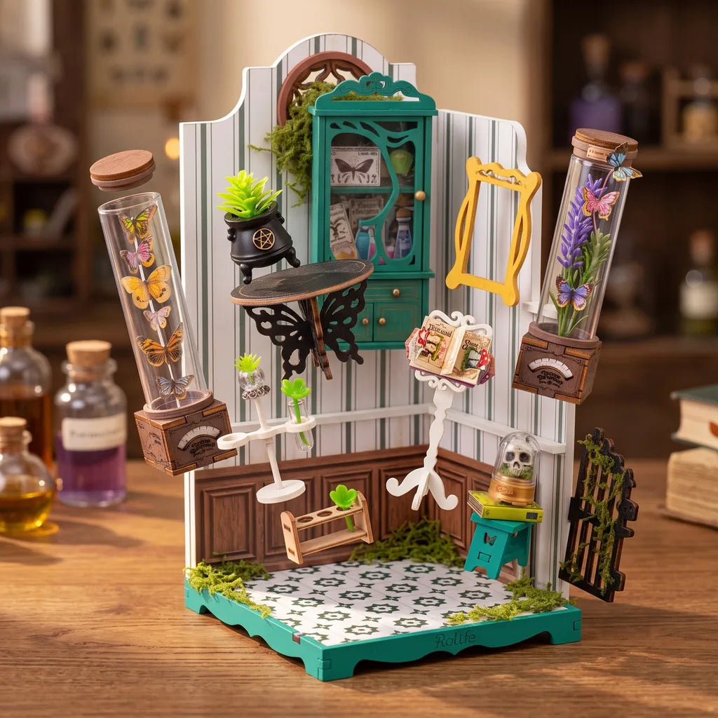 Vue éclatée de la maison miniature Potions Workshop, meubles et bocaux séparés