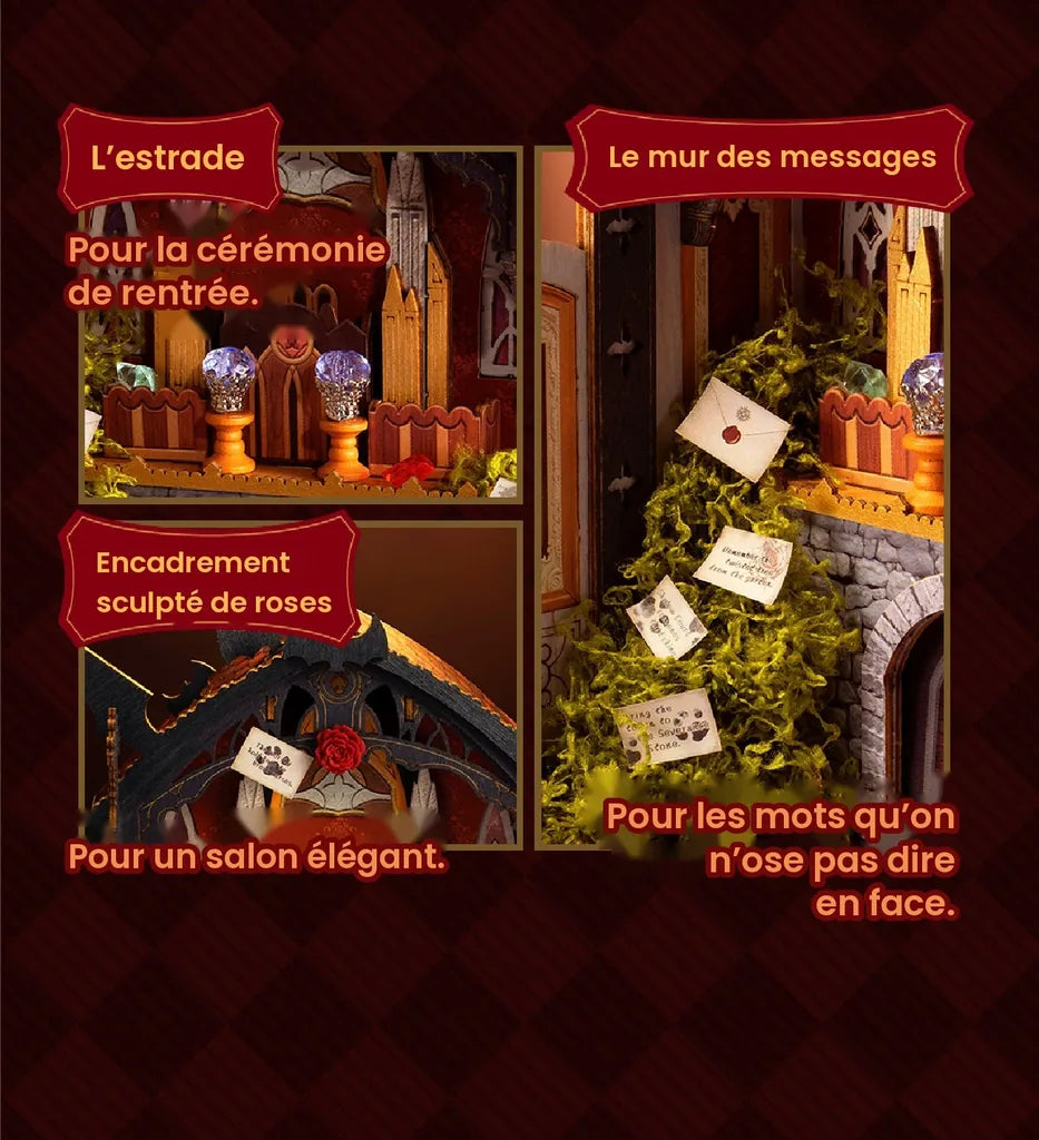 Détails de l'estrade, de l'arche sculptée et du mur des messages en mousse