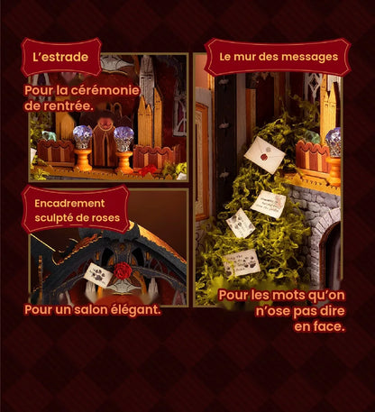 Détails de l'estrade, de l'arche sculptée et du mur des messages en mousse