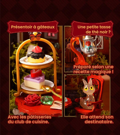 Détails du présentoir à gâteaux, de la théière magique et du chat translucide