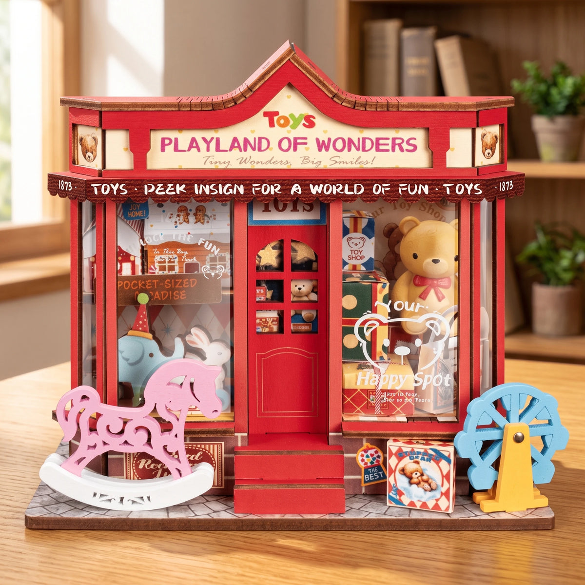 Scène miniature Whimsy Toy Shop sur un bureau en bois, façade rouge Playland of Wonders