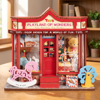 Scène miniature Whimsy Toy Shop sur un bureau en bois, façade rouge Playland of Wonders