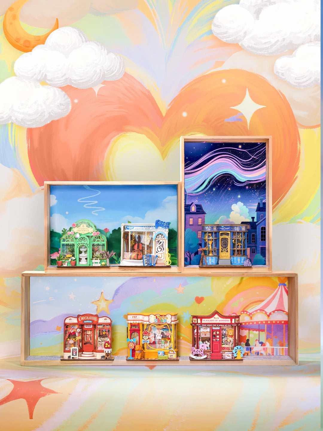 Collection Rolife Mini Store exposée en vitrine, dont la boutique de jouets Whimsy Toy Shop