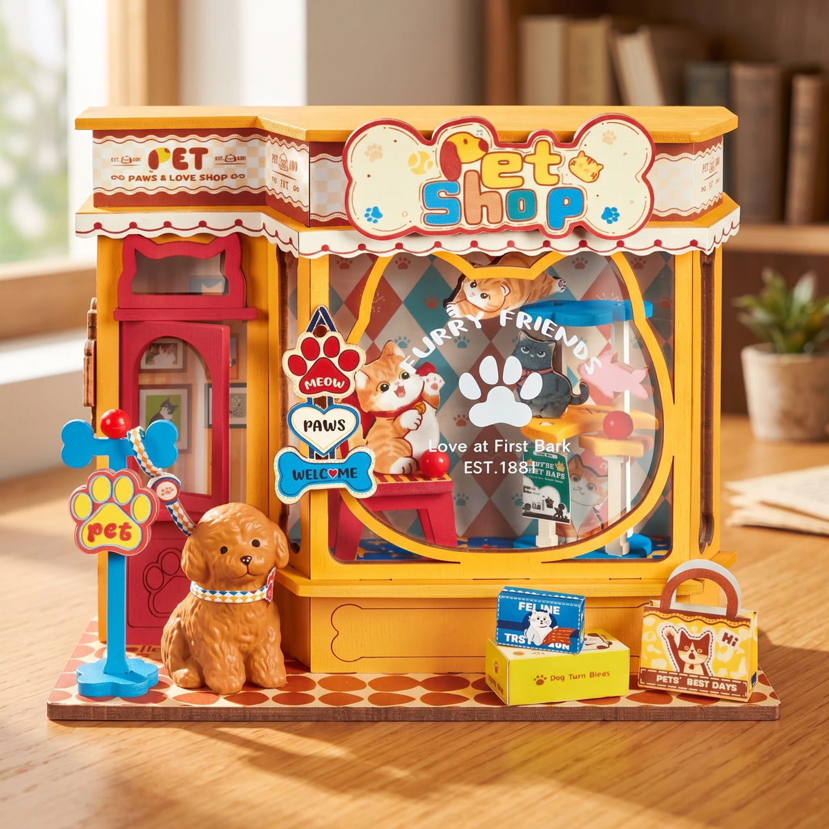 Scène miniature Rolife Mini Store, l'animalerie Pawfect Pet Shop sur un bureau en bois