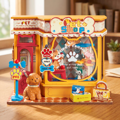 Scène miniature Rolife Mini Store, l'animalerie Pawfect Pet Shop sur un bureau en bois