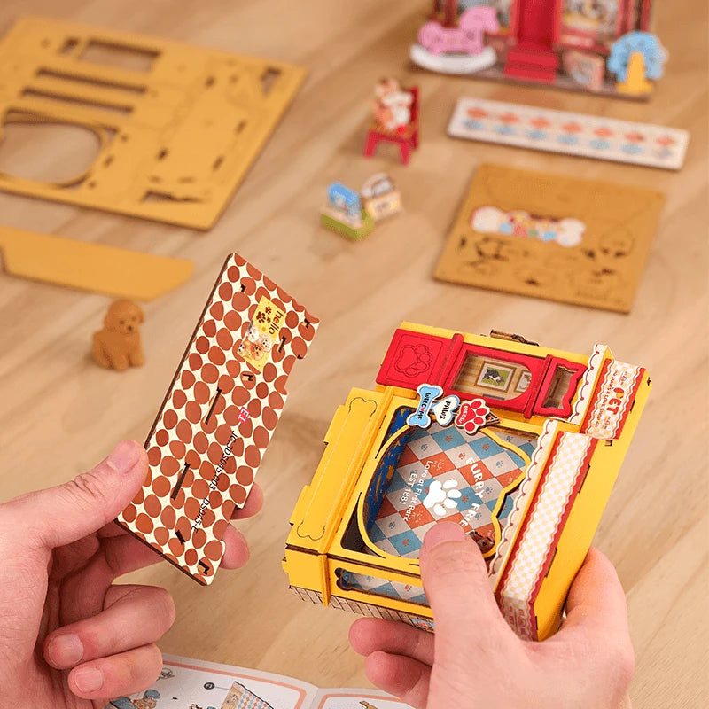 Montage sans colle de l'animalerie Pawfect Pet Shop, pièces en bois emboîtées à la main