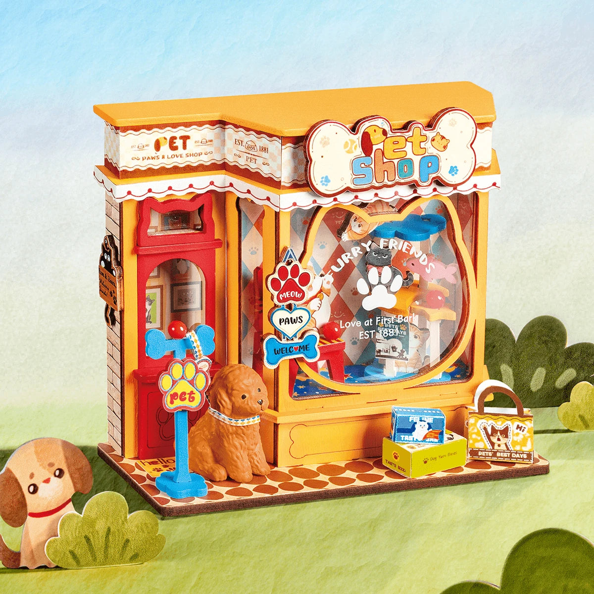 Mini Store Rolife, l'animalerie Pawfect Pet Shop dans un décor pastel avec un chiot