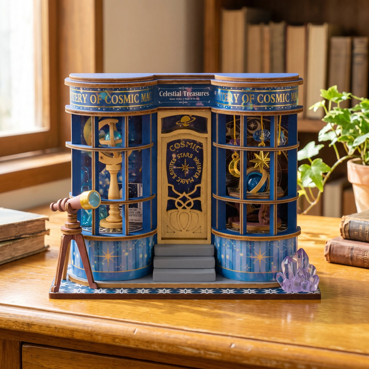 Scène miniature Rolife Mini Store, la boutique d'astronomie Magic Astronomy Shop sur un bureau en bois