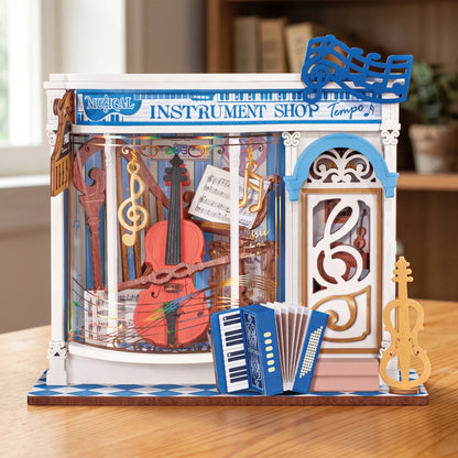 Scène miniature Rolife Mini Store, le magasin de musique Melody Instrument Shop sur un bureau en bois