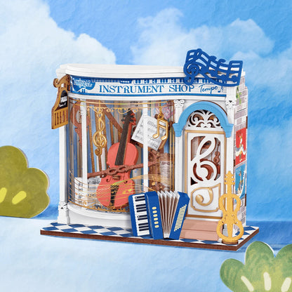 Mini Store Rolife, le magasin de musique Melody Instrument Shop sous un ciel bleu dessiné