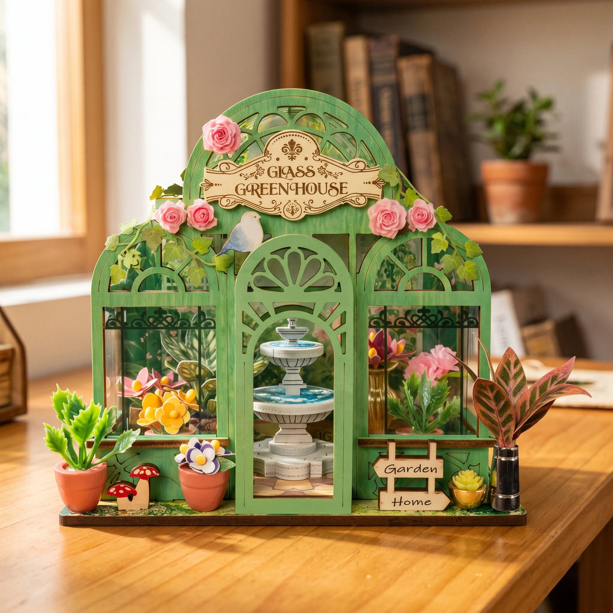 Scène miniature Rolife Mini Store, la serre fleurie Green Fountain Garden sur un bureau en bois