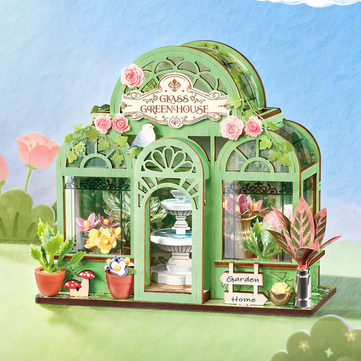 Mini Store Rolife, la serre fleurie Green Fountain Garden dans un décor de jardin fleuri