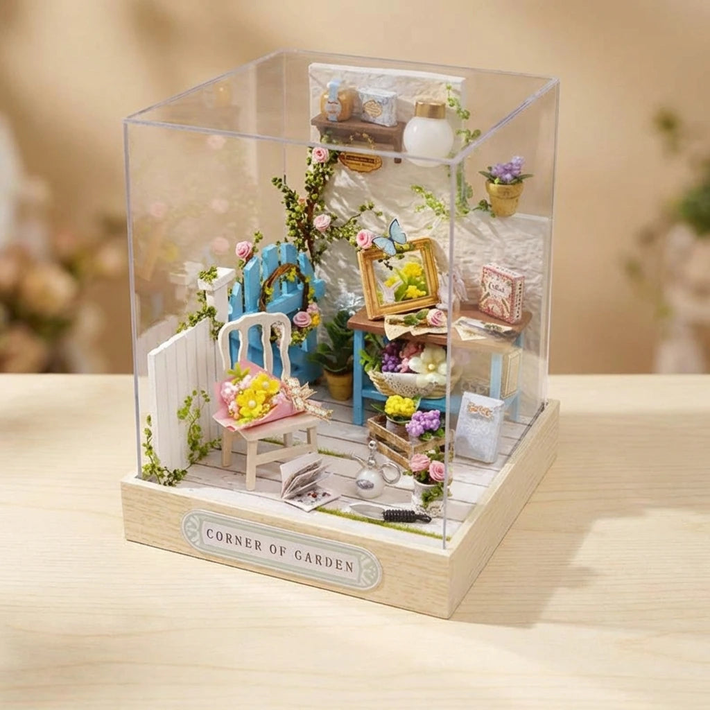 Maison miniature en bois thème Coin de Jardin, vue Face, éclairage externe mettant en valeur la maquette, décoration Nook-It.