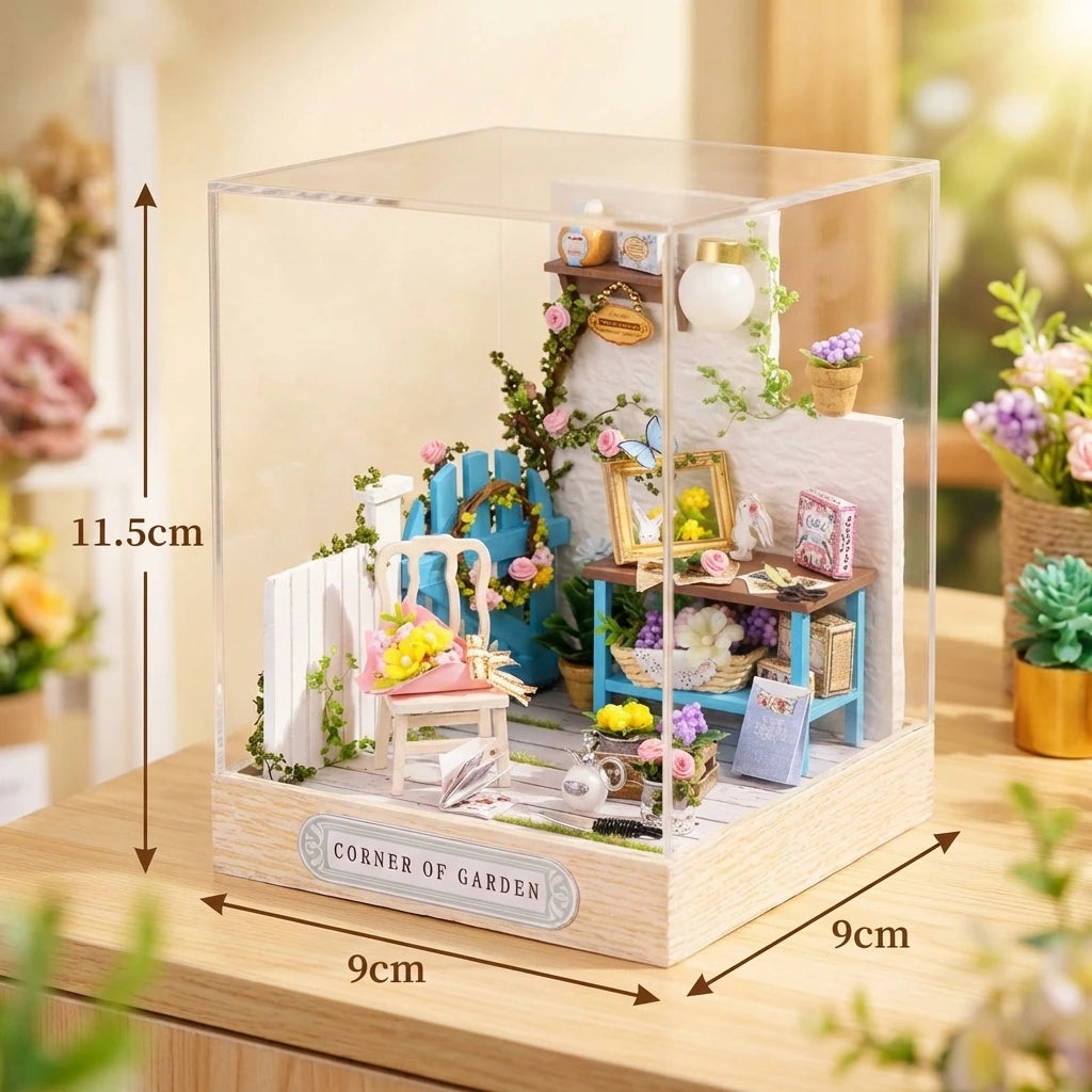 miniature en bois thème Coin de Jardin, vue Vue avec Dimensions, éclairage externe mettant en valeur la maquette, décoration Nook-It