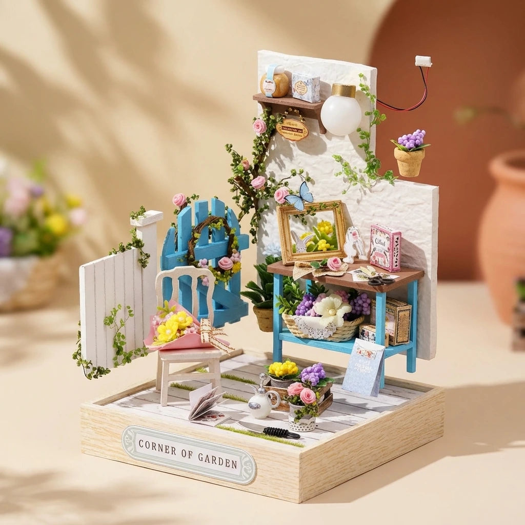 miniature en bois thème Coin de Jardin, vue Vue Éclatée, éclairage externe mettant en valeur la maquette, décoration Nook-It.