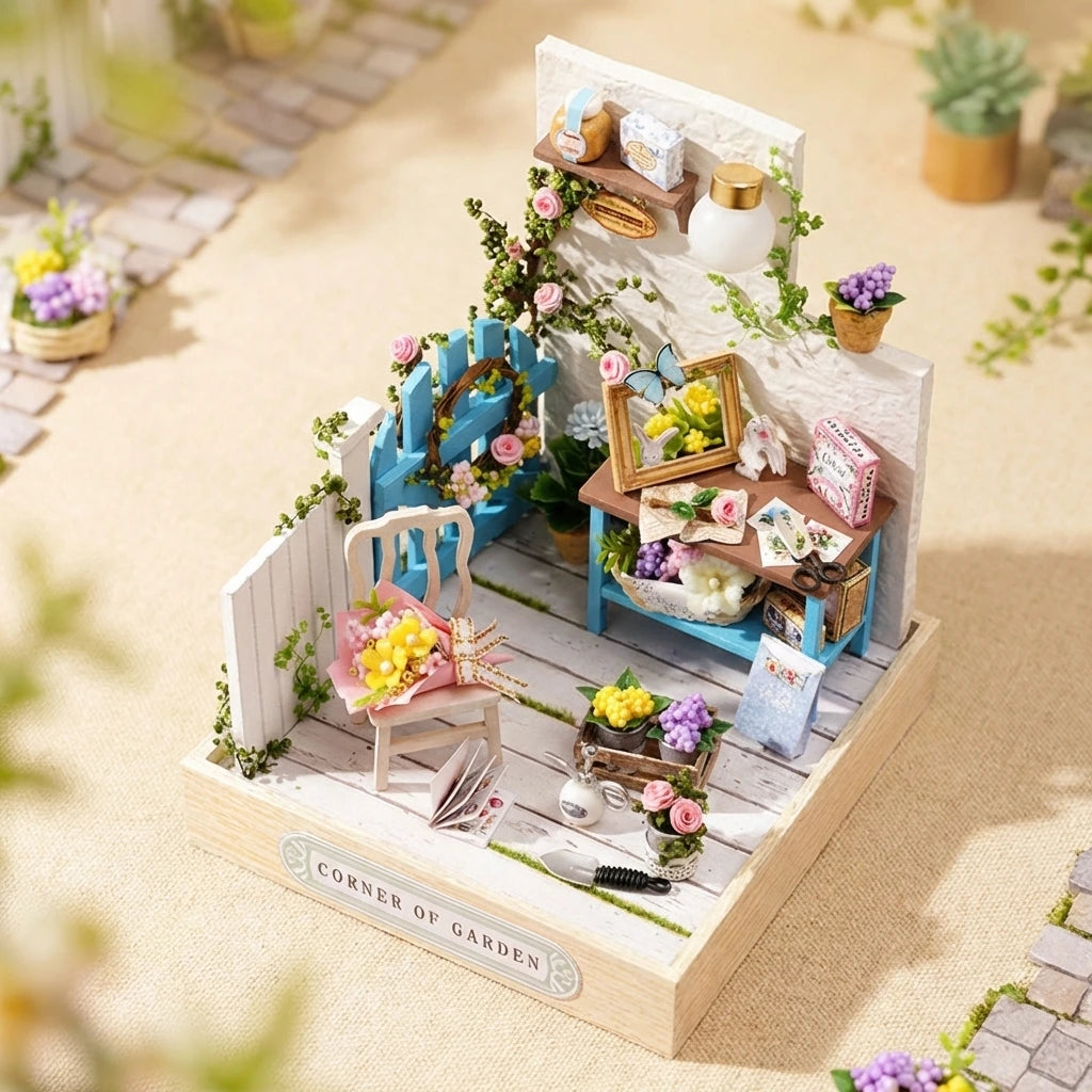 miniature en bois thème Coin de Jardin, vue Vue Plongeante, éclairage externe mettant en valeur la maquette, décoration Nook-It