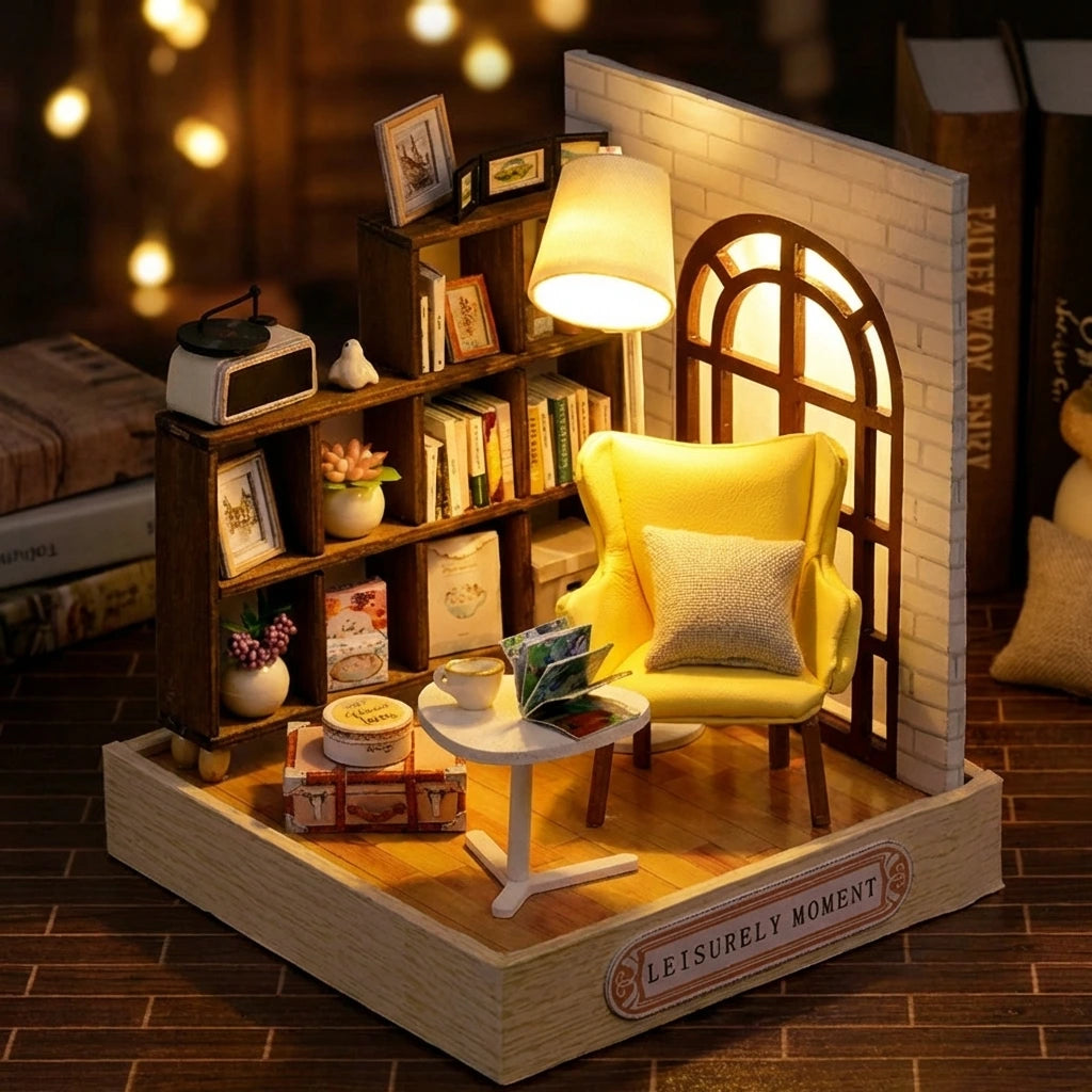 Miniature en bois thème Moment de Détente, vue Ambiance Nuit, éclairage LED chaleureux, décoration Nook-It.