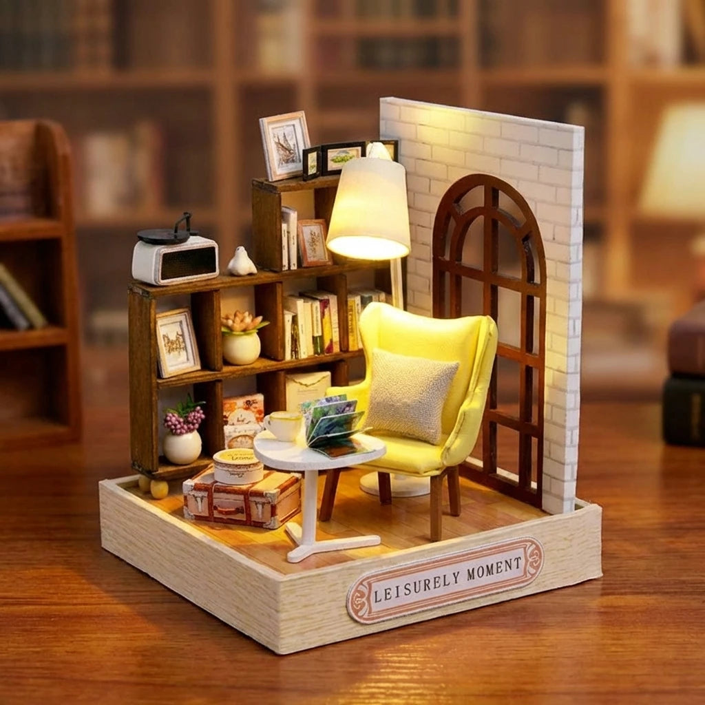 Miniature en bois thème Moment de Détente, vue Face, éclairage LED chaleureux, décoration Nook-It.