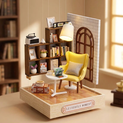 Miniature en bois thème Moment de Détente, vue Éclatée, éclairage LED chaleureux, décoration Nook-It.