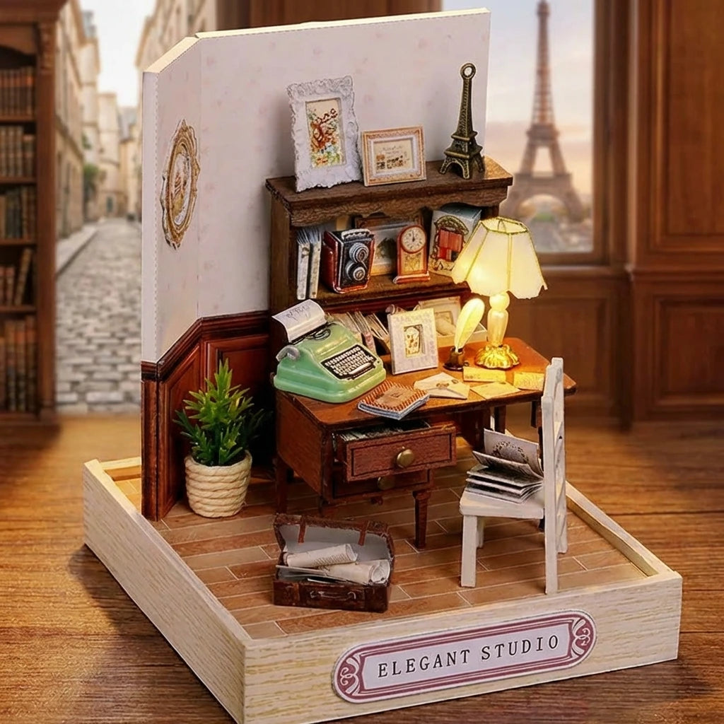 Miniature en bois thème Studio Elegant à Paris, vue Angle 45°, éclairage LED chaleureux, décoration Nook-It.