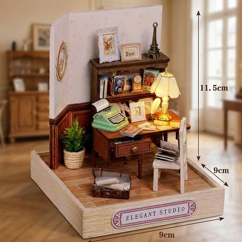 Miniature en bois thème Studio Elegant à Paris, vue avec Dimensions, éclairage LED chaleureux, décoration Nook-It.