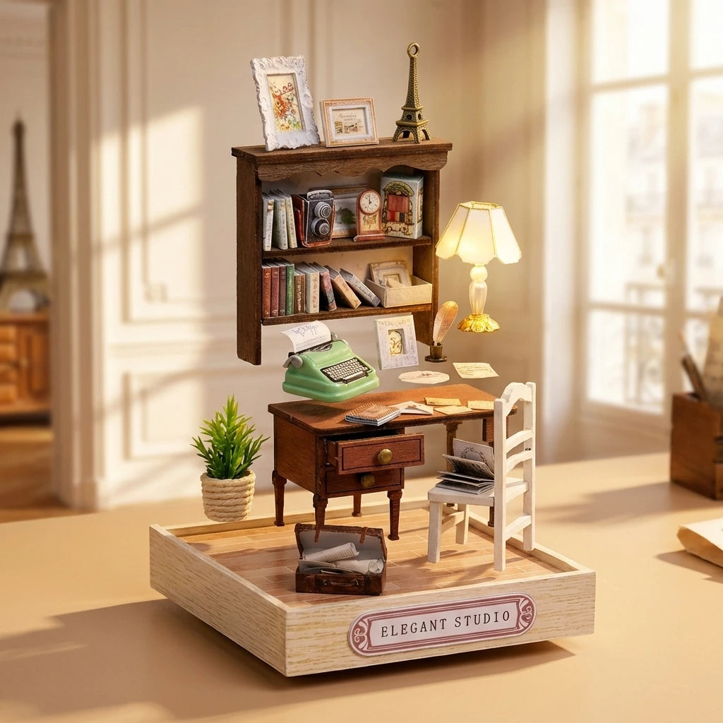 Miniature en bois thème Studio Elegant à Paris, vue Éclatée, éclairage LED chaleureux, décoration Nook-It.