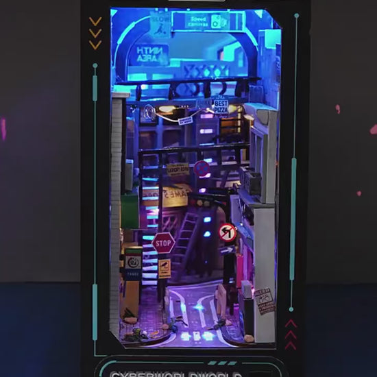 Vidéo de présentation du Book Nook La Ville du Futur Cyberpunk en bois avec éclairage LED - Nook-It