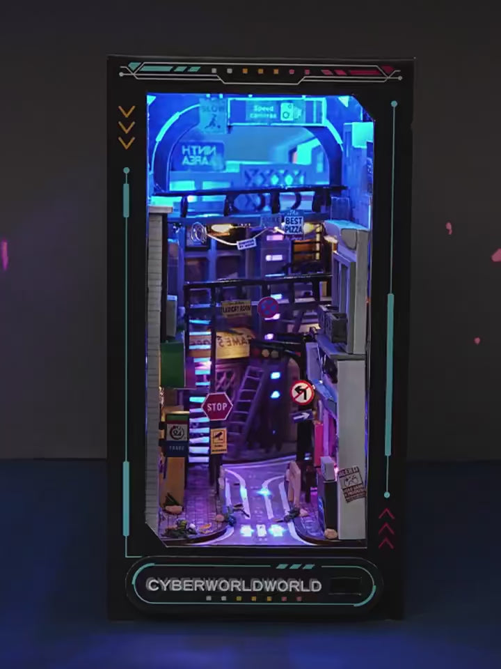 Vidéo de présentation du Book Nook La Ville du Futur Cyberpunk en bois avec éclairage LED - Nook-It