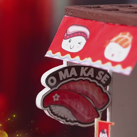 Vidéo de présentation de la scène miniature japonaise Bar à Sushi Tournant en bois avec éclairage LED - Nook-It