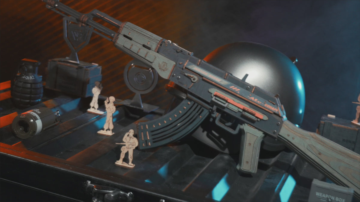 video AK-47 Justice Guard ROKR puzzle 3D en bois : chargement et tir d'élastiques