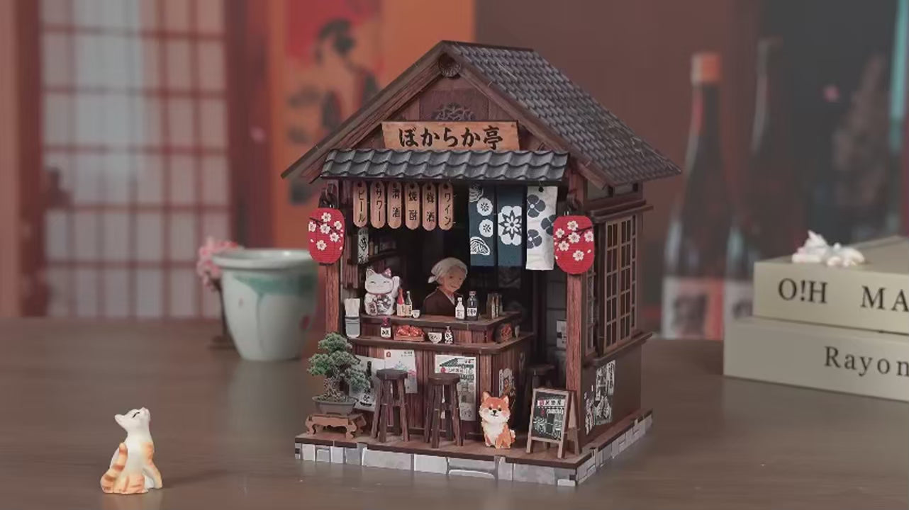 Vidéo de présentation de la maison miniature japonaise Taverne Bokaraka en bois avec éclairage LED - Nook-It