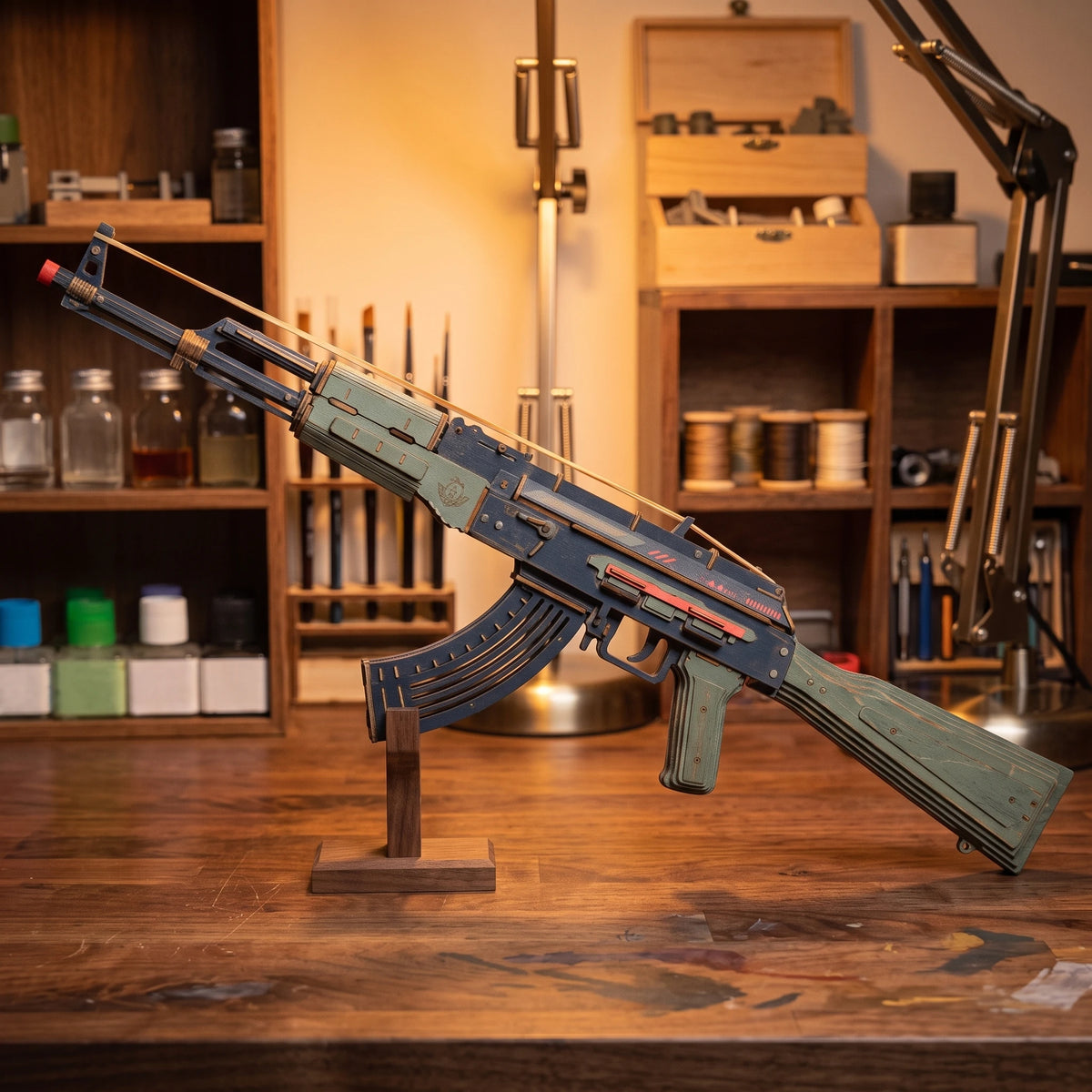 AK-47 Justice Guard ROKR vu de trois quarts sur un support en bois