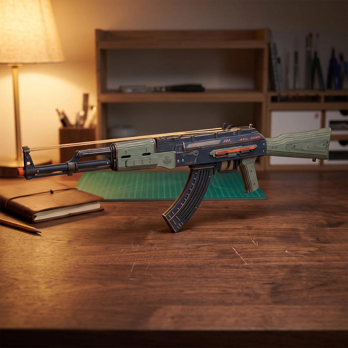 AK-47 Justice Guard en bois bleu nuit et vert sauge posé sur un établi