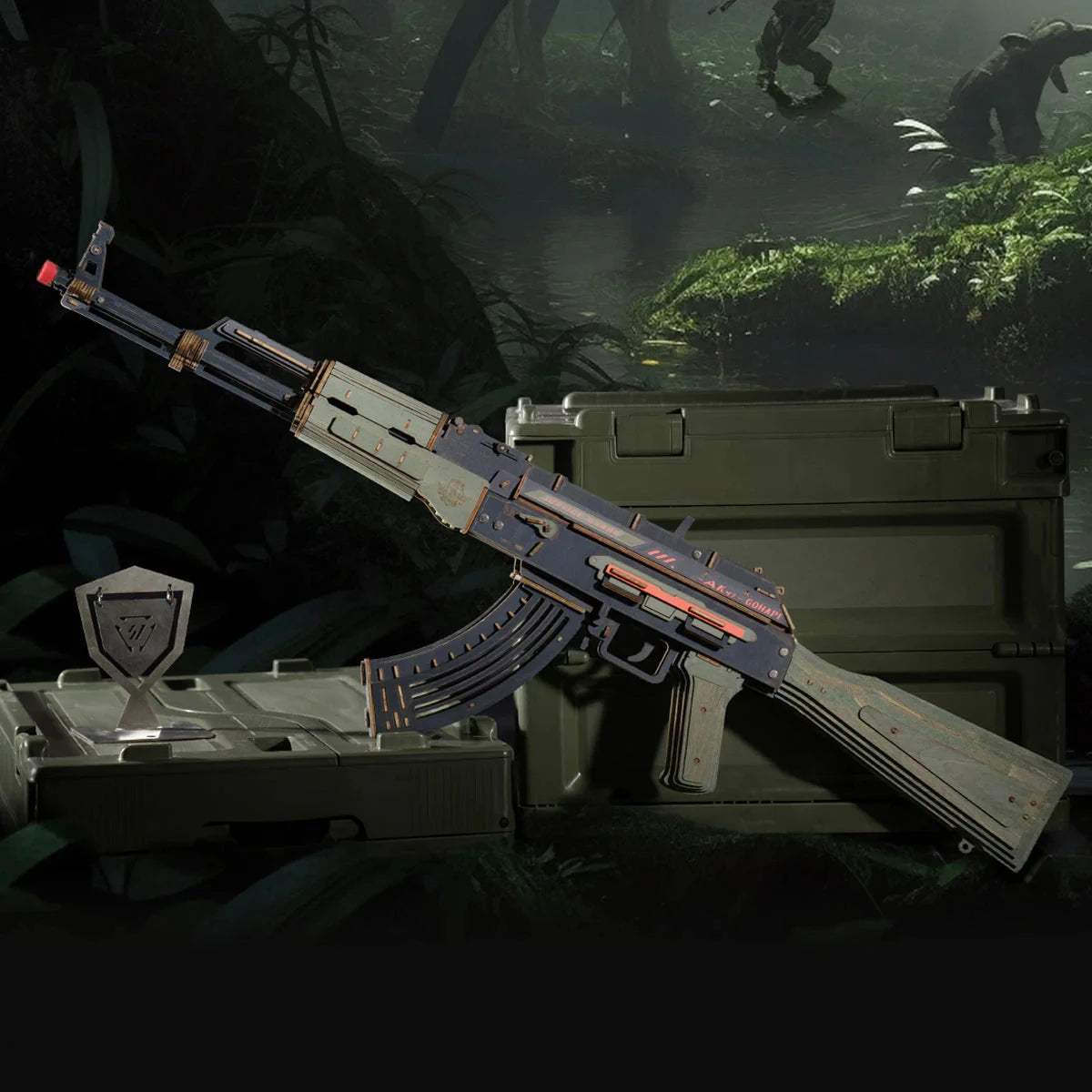 AK-47 Justice Guard ROKR en bois posé sur des caisses dans un décor de jungle