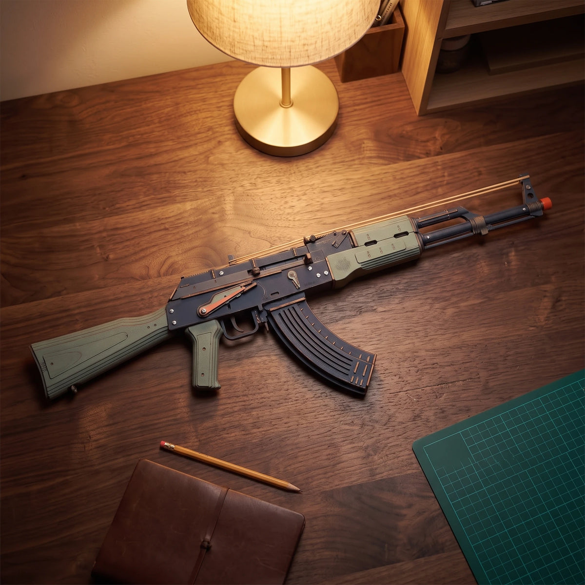 AK-47 Justice Guard en bois vu de dessus, flanc droit, levier orange et élastique