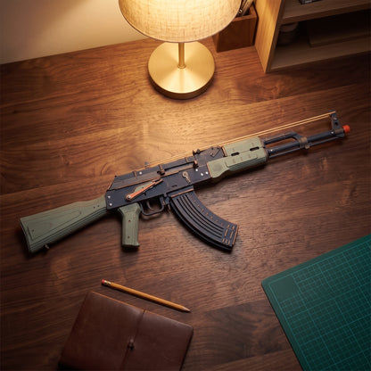 AK-47 Justice Guard en bois vu de dessus, flanc droit, levier orange et élastique