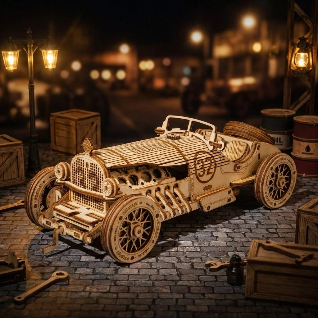 Puzzle 3D en bois thème Auto de Course Vintage n°32, vue Ambiance Nuit, éclairage externe mettant en valeur la maquette, décoration