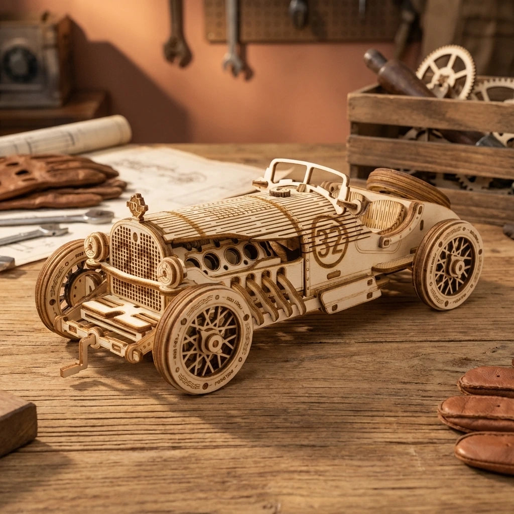 Puzzle 3D en bois thème Auto de Course Vintage n°32, vue Angle 45°, éclairage externe mettant en valeur la maquette, décoration 