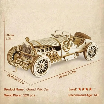 Puzzle 3D en bois thème Auto de Course Vintage n°32, vue avec Dimensions, éclairage externe mettant en valeur la maquette