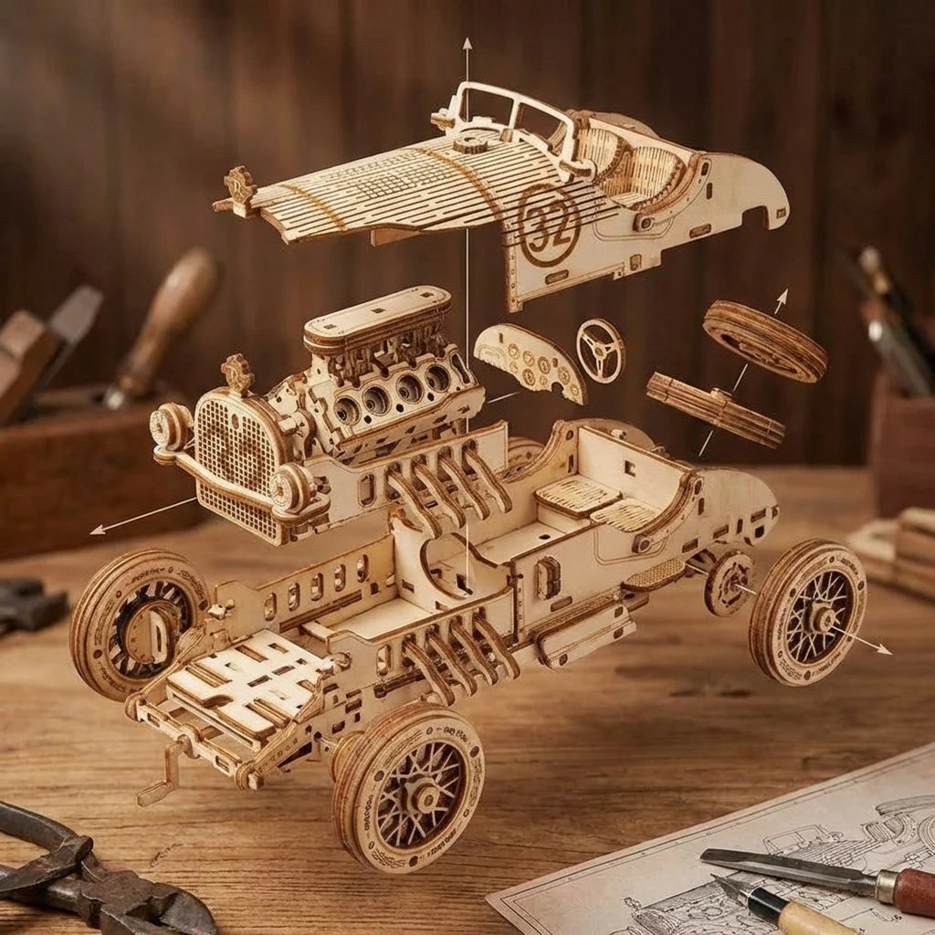 Puzzle 3D en bois thème Auto de Course Vintage n°32, vue Éclatée, éclairage externe mettant en valeur la maquette, décoration Nook-It