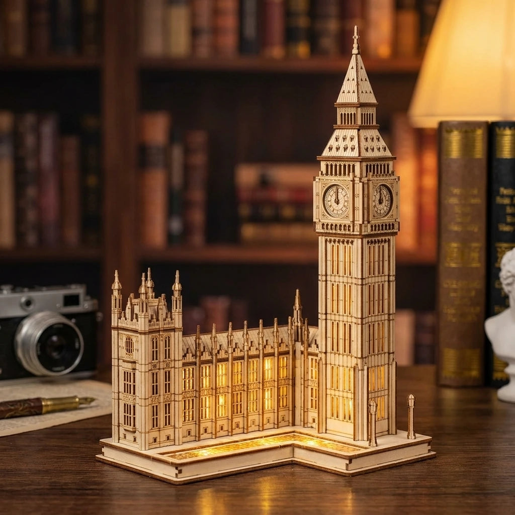 Puzzle 3D Big Ben en bois posé sur une bibliothèque, ambiance cabinet de lecture anglais