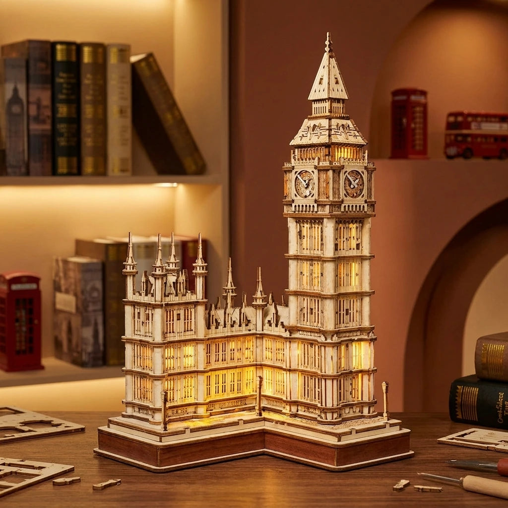 Maquette Big Ben et Westminster en bois illuminée le soir, décoration British avec cabine téléphonique rouge